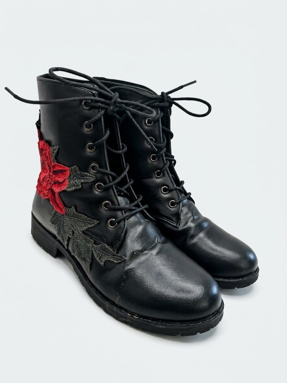 Black Lace-Up Women's Ankle Boots with Red Rose Applique